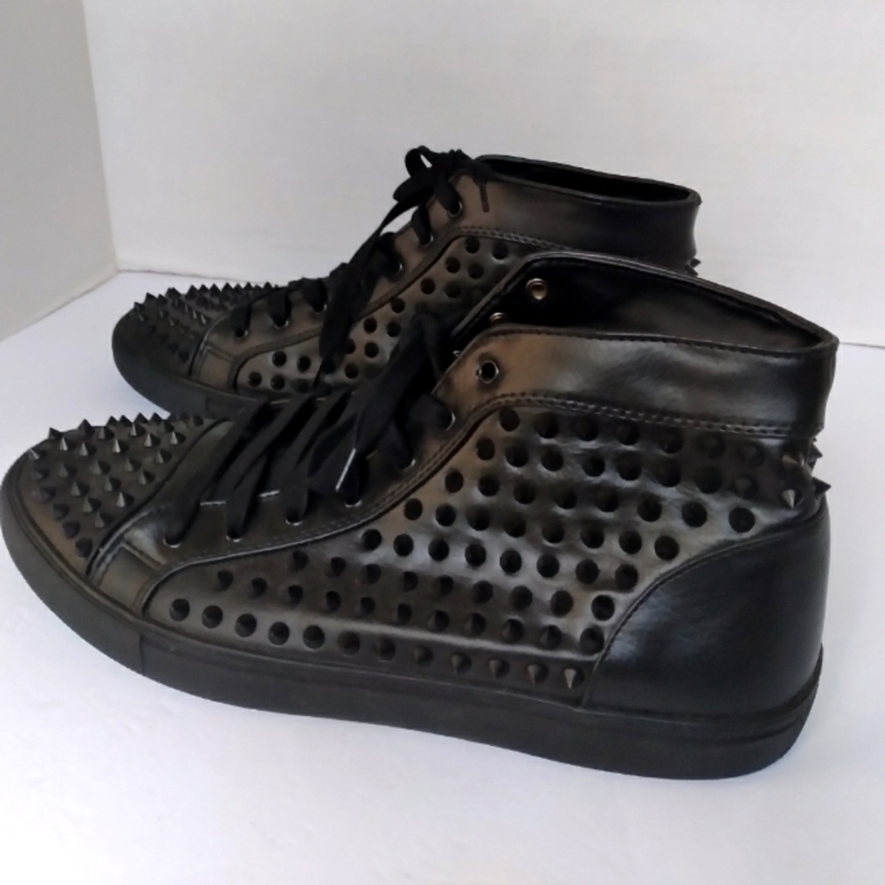 Edgy Black Spiked High-Top Sneakers‎ with Studded Design - Alternative Fashion